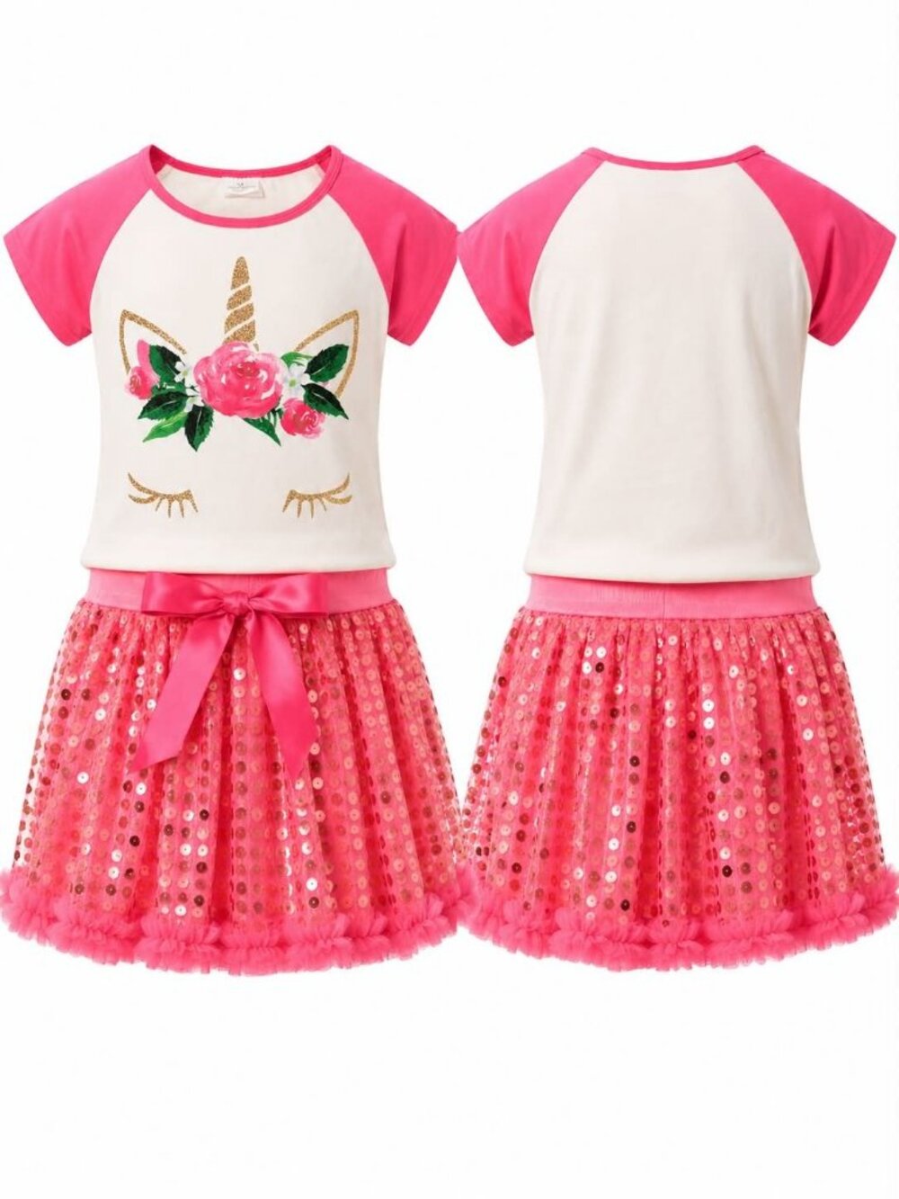Girls Unicorn Top & Pink Sequin Tutu Skirt Outfit Set skub